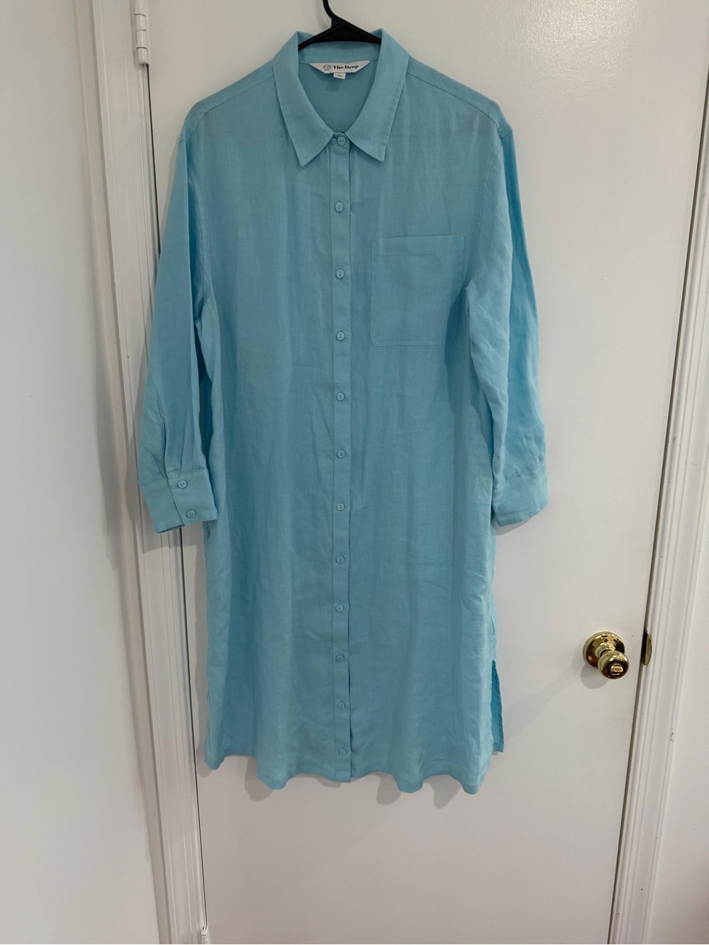 The Drop Linen Shirt Dress Large Blue Relaxed Midi Button Front Minimalist Beach